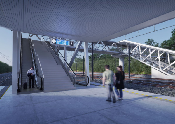 Praha Východ high speed railway - footbridge, escalators