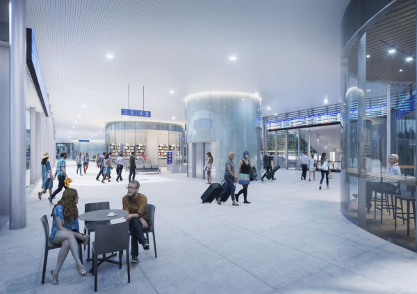 View from the terminal lounge, coffee, shops, view into the track