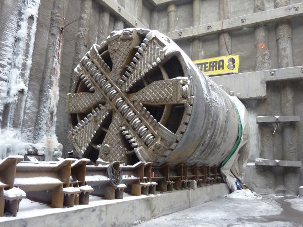 Excavated part of Veleslavín station - drawing TBM Adéla through construction pit