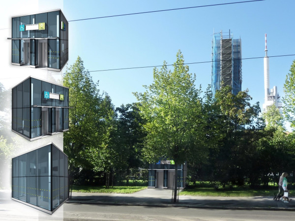 Visualization of a lift kiosk for barrier-free access from the terrain level at Vinohradská Street