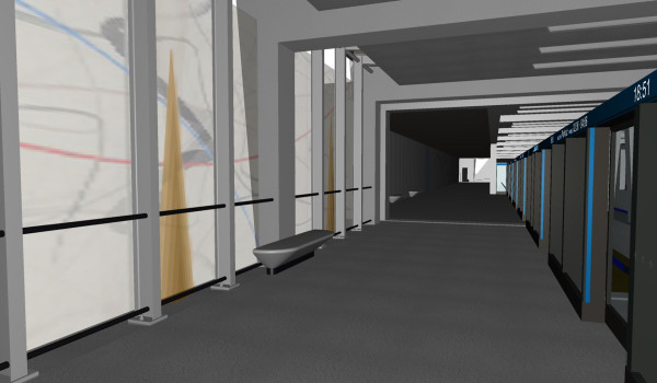 Nádraží Krč metro station - corridor with artistic tiling on the platform and glass walls to the track
