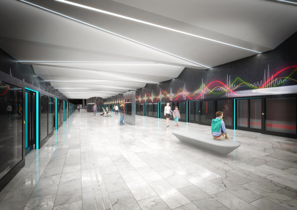 Nemocnice Krč metro station - platform with an artistic design on the wall behind the track