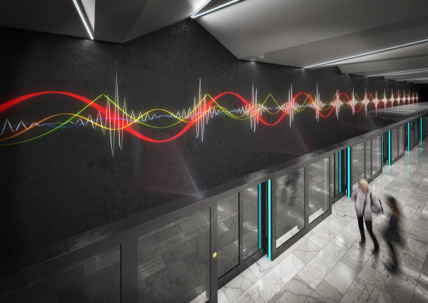 Nemocnice Krč metro station - platform with an artistic design on the wall behind the track