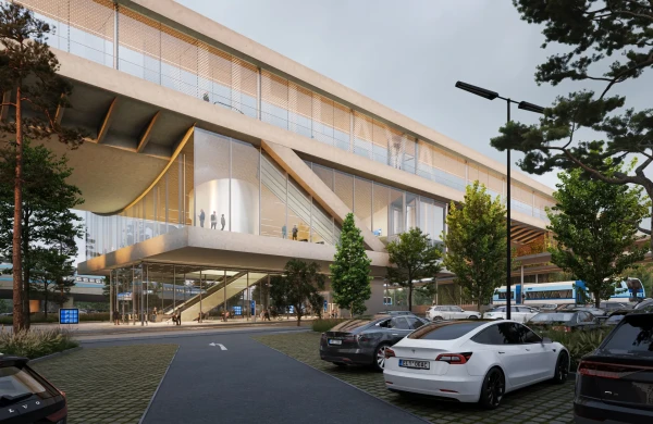 Jihlava High-speed railway terminal - departure hall, view from parking