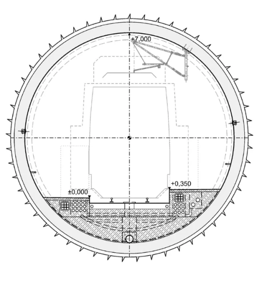 Příčný řez části tunelu ražené mechanizovaně